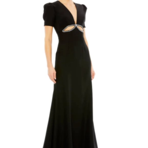 MAC DUGGAL CUTOUT EMBELLISHED SHORT SLEEVE COLUMN BLACK GOWN sz 2 - Picture 1 of 6